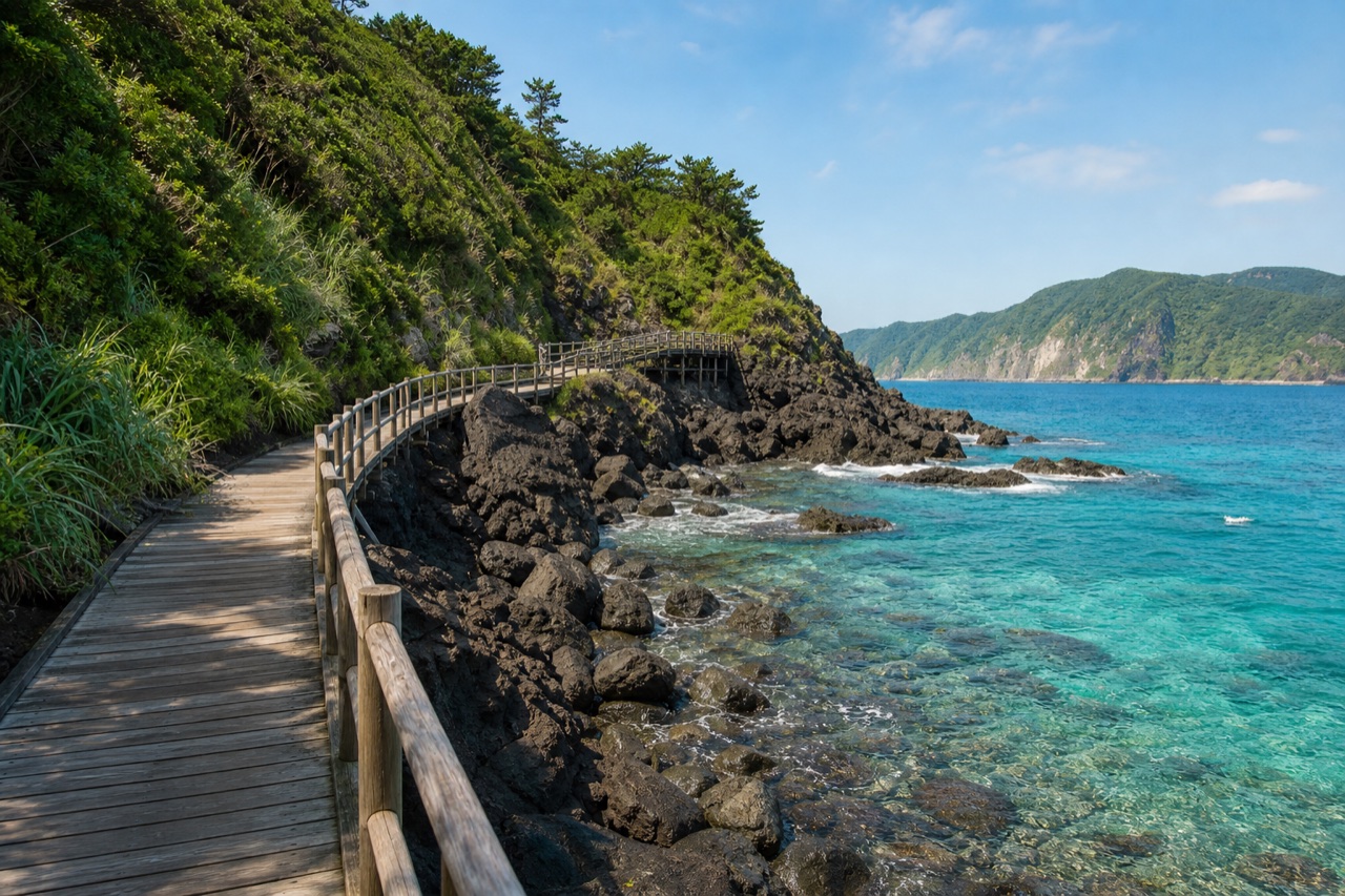神津島 赤崎遊歩道の海辺の木道と入り江を想起させる生成AIイメージ画像。実際の景観・施設外観ではありません。