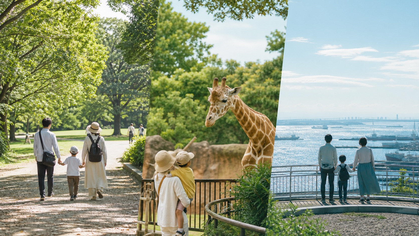 生成AIイメージ画像: 千葉・船橋を子連れで巡る1泊2日モデルコース。千葉の公園、動物園、港の展望を親子でゆっくり巡る旅の雰囲気