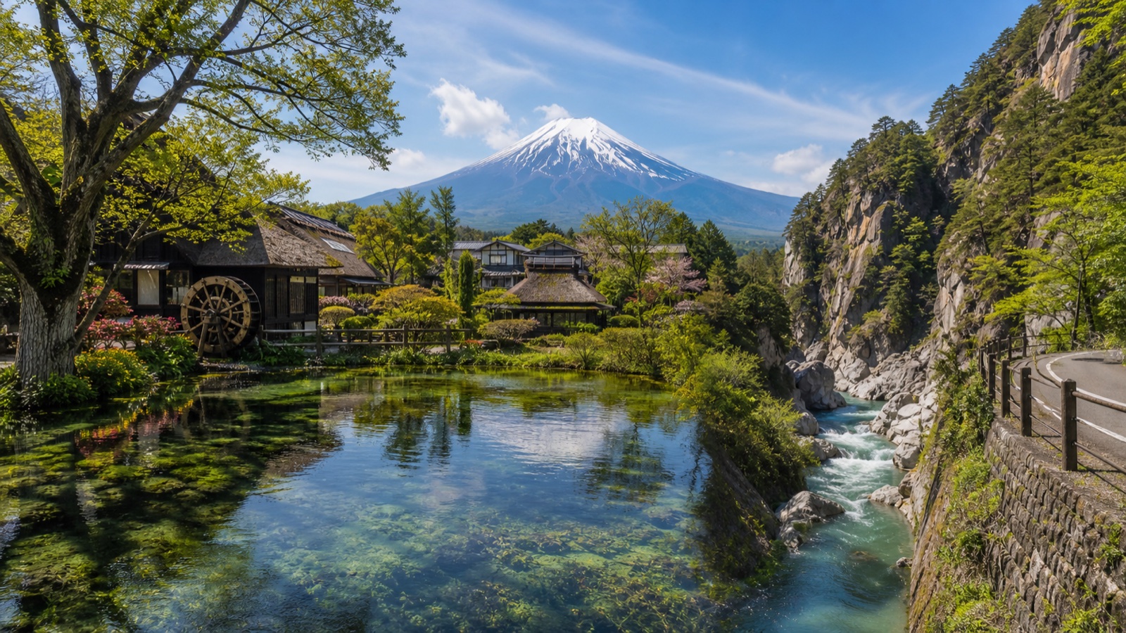 生成AIイメージ画像: 富士山麓・忍野・昇仙峡を巡る1泊2日モデルコース。富士山麓の湧水、湖、渓谷を人物なしで表した生成AIによるリアルな旅行イメージ