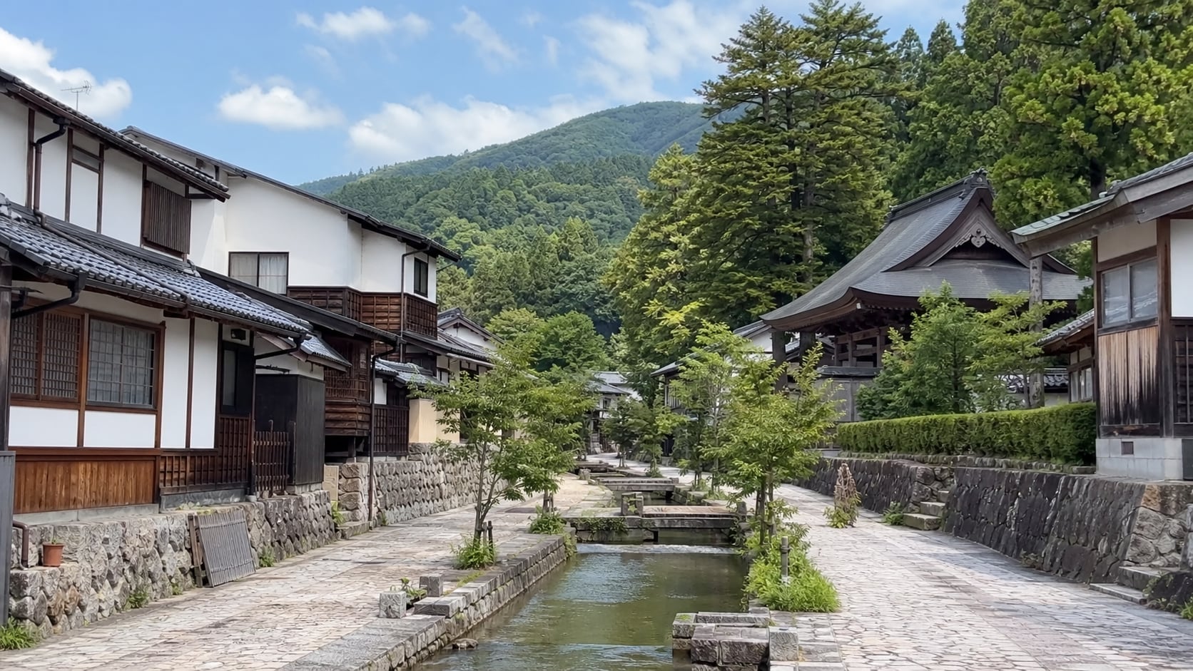 生成AIイメージ画像: 福井・越前大野・永平寺を車なしで巡る1泊2日モデルコース。北陸の城下町、山あいの寺社、緑の参道、落ち着いた駅前の空気を人物なしで表した生成AIイメージ