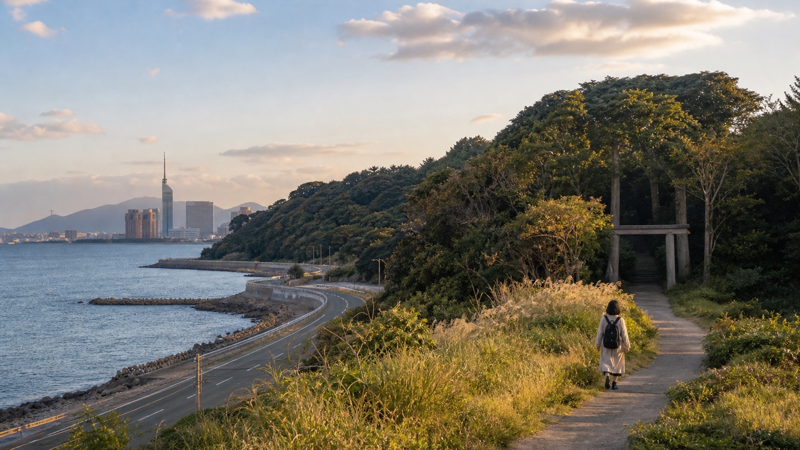 生成AIイメージ画像: 福岡・宗像・糸島を巡る1泊2日モデルコース。福岡の都市水辺と神社参道、糸島の海岸道路を思わせる週末旅の雰囲気