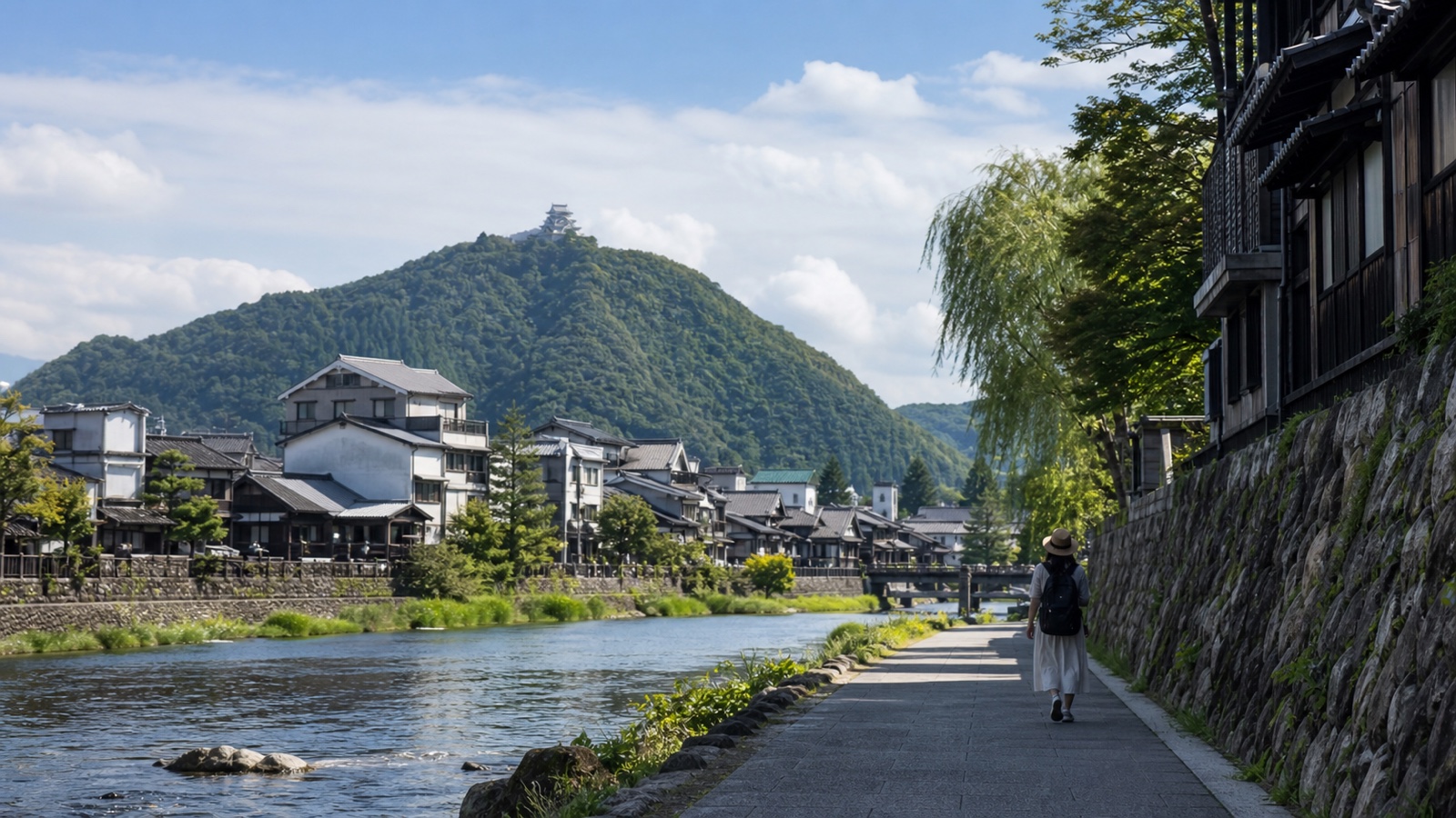 生成AIイメージ画像: 岐阜城・郡上八幡・関ケ原を巡る1泊2日モデルコース。川沿いの城下町と山上の城、歴史散策を思わせる岐阜旅の雰囲気