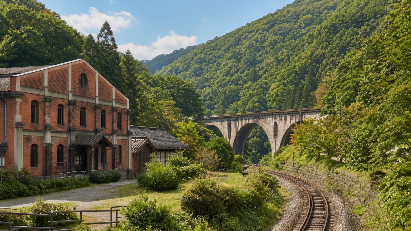 生成AIイメージ画像: 高崎・富岡・横川を車なしで巡る1泊2日モデルコース。人物なしで、赤れんがの産業遺産、山あいの線路、石造りの鉄道橋を一続きの風景として表した旅の雰囲気
