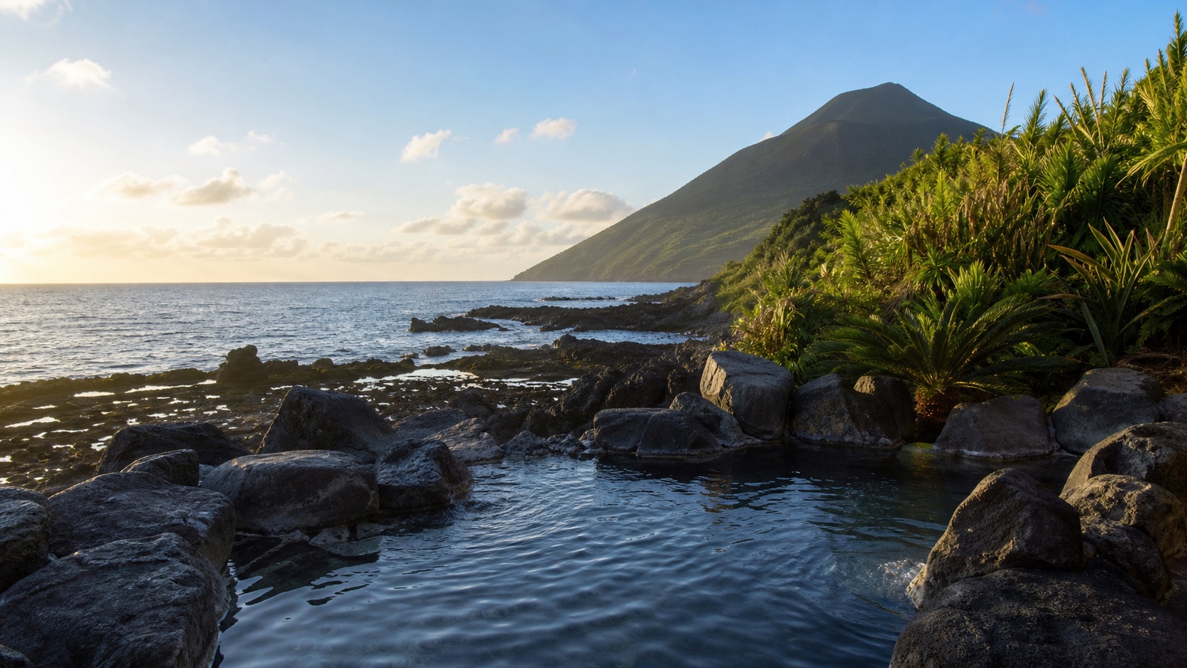 生成AIイメージ画像: 東京から八丈島へ行く1泊2日モデルコース。黒い溶岩海岸と火山島の稜線、海辺の湯気を思わせる人物なしのイメージ画像