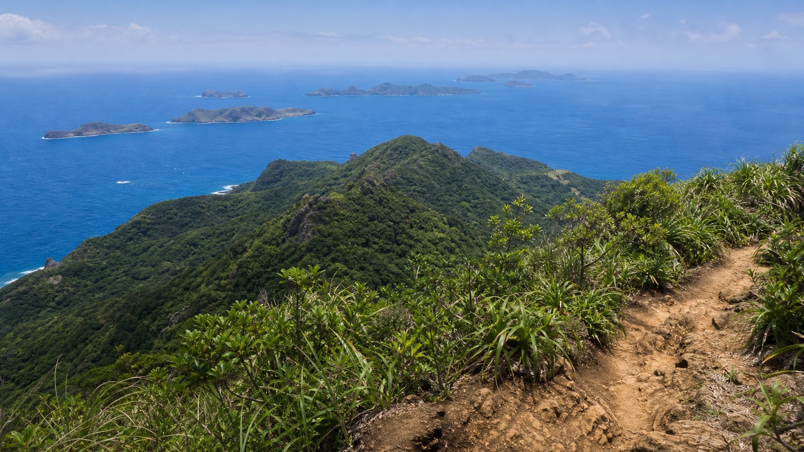 生成AIイメージ画像: 父島発・母島で小富士か乳房山を選ぶ2泊3日モデルコース。母島を思わせる亜熱帯の山の稜線、自然な登山道、青い海と沖に連なる属島を人物なしで表した生成AIイメージ