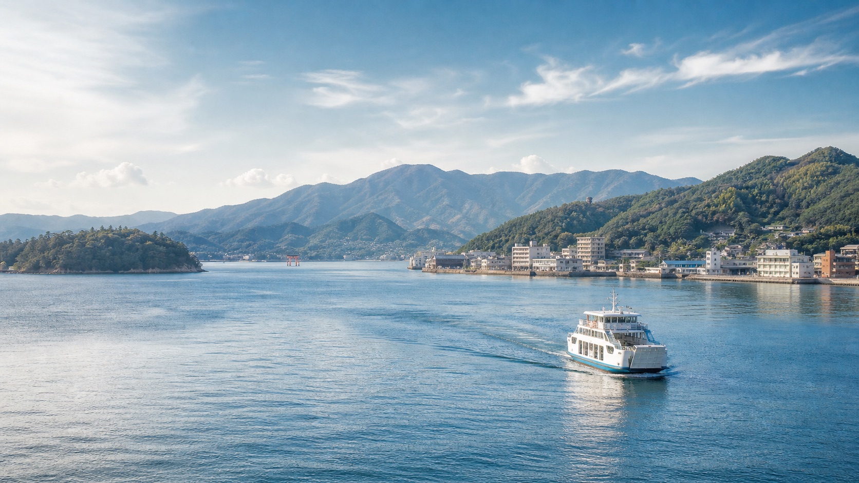 生成AIイメージ画像: 広島・宮島・呉を車なしで巡る1泊2日モデルコース。瀬戸内海のフェリー、島影、港町と低い山並みを人物なしで車なし旅の雰囲気として表した生成AIイメージ