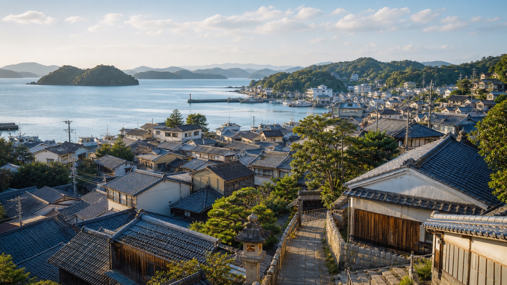 生成AIイメージ画像: 呉・宮島・尾道・鞆の浦を巡る2泊3日モデルコース。瀬戸内の内海、港町の坂道、瓦屋根の町並みを人物なしで落ち着いた旅の風景として表した生成AIイメージ