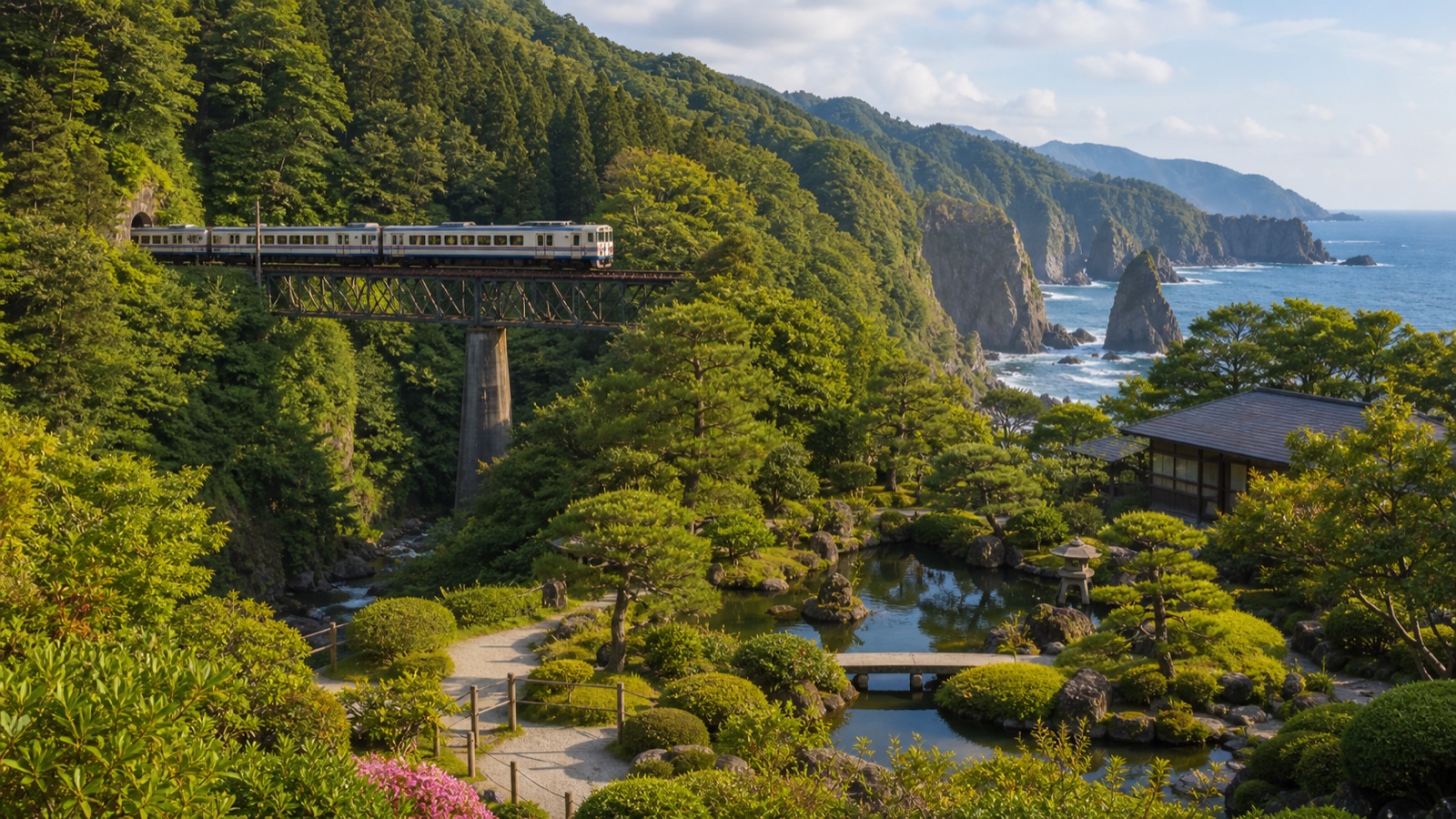生成AIイメージ画像: 北陸の峡谷・庭園・海岸を巡る2泊3日モデルコース。北陸の峡谷鉄道、庭園、海岸を人物なしで表した生成AIによるリアルな旅行イメージ