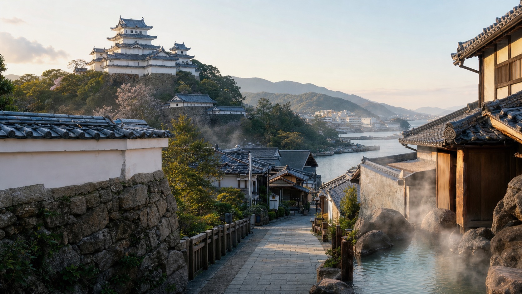 生成AIイメージ画像: 兵庫の温泉と城を巡る2泊3日モデルコース。兵庫の城郭、温泉街、港へ続く町並みを人物なしで落ち着いた旅の風景として表した生成AIイメージ