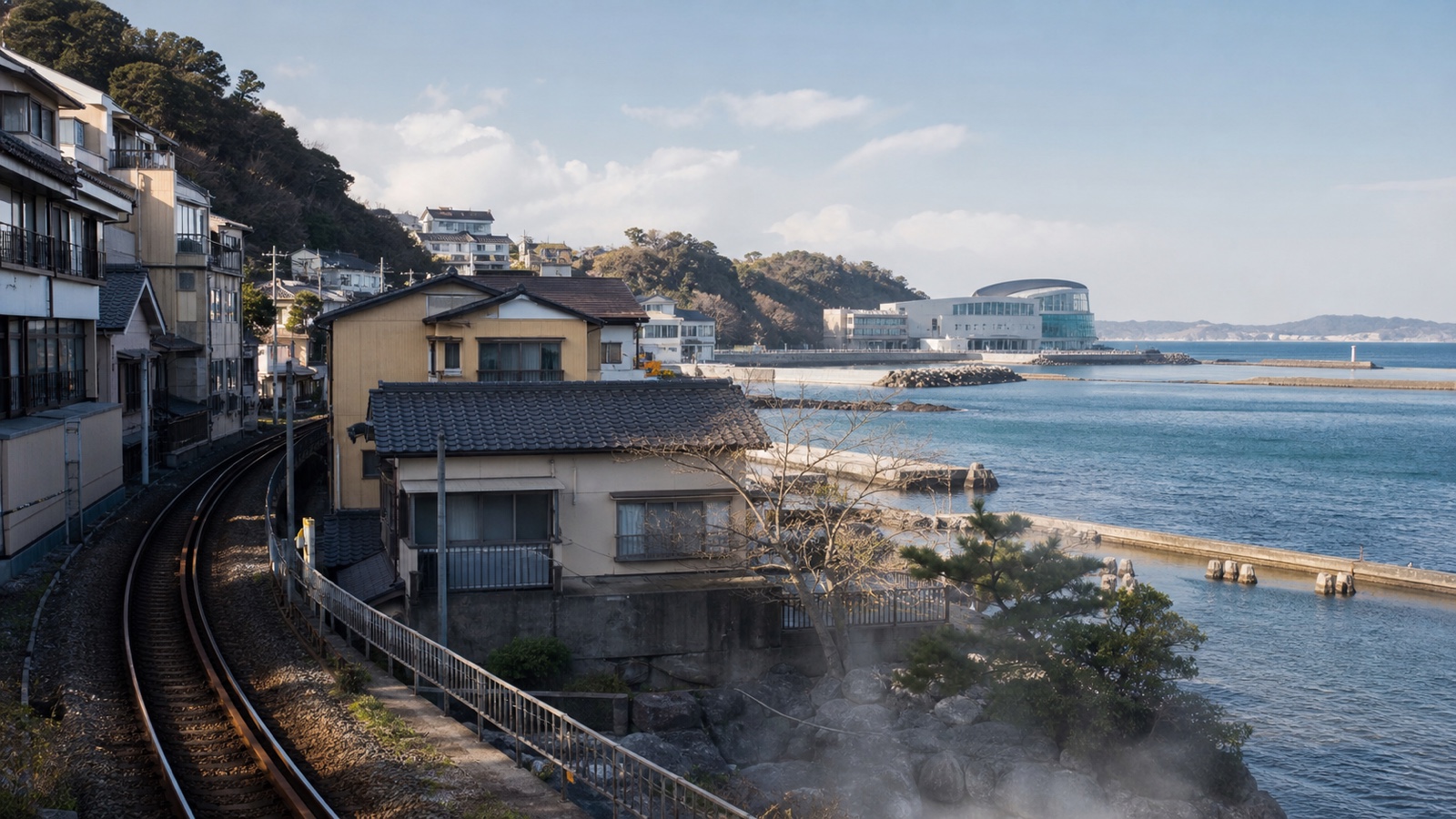 生成AIイメージ画像: いわき湯本・小名浜を車なしで巡る1泊2日モデルコース。人物なしで、海沿いの町、ローカル線、港を一続きの風景として表した旅の雰囲気