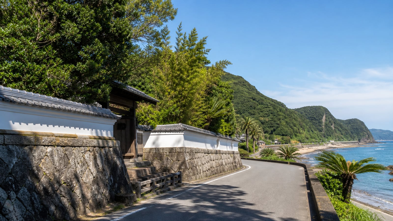 生成AIイメージ画像: 伊豆高原・修善寺を週末に巡る1泊2日モデルコース。海沿いの断崖、丸い山の稜線、温泉街の落ち着いた路地を思わせる伊豆週末旅の雰囲気