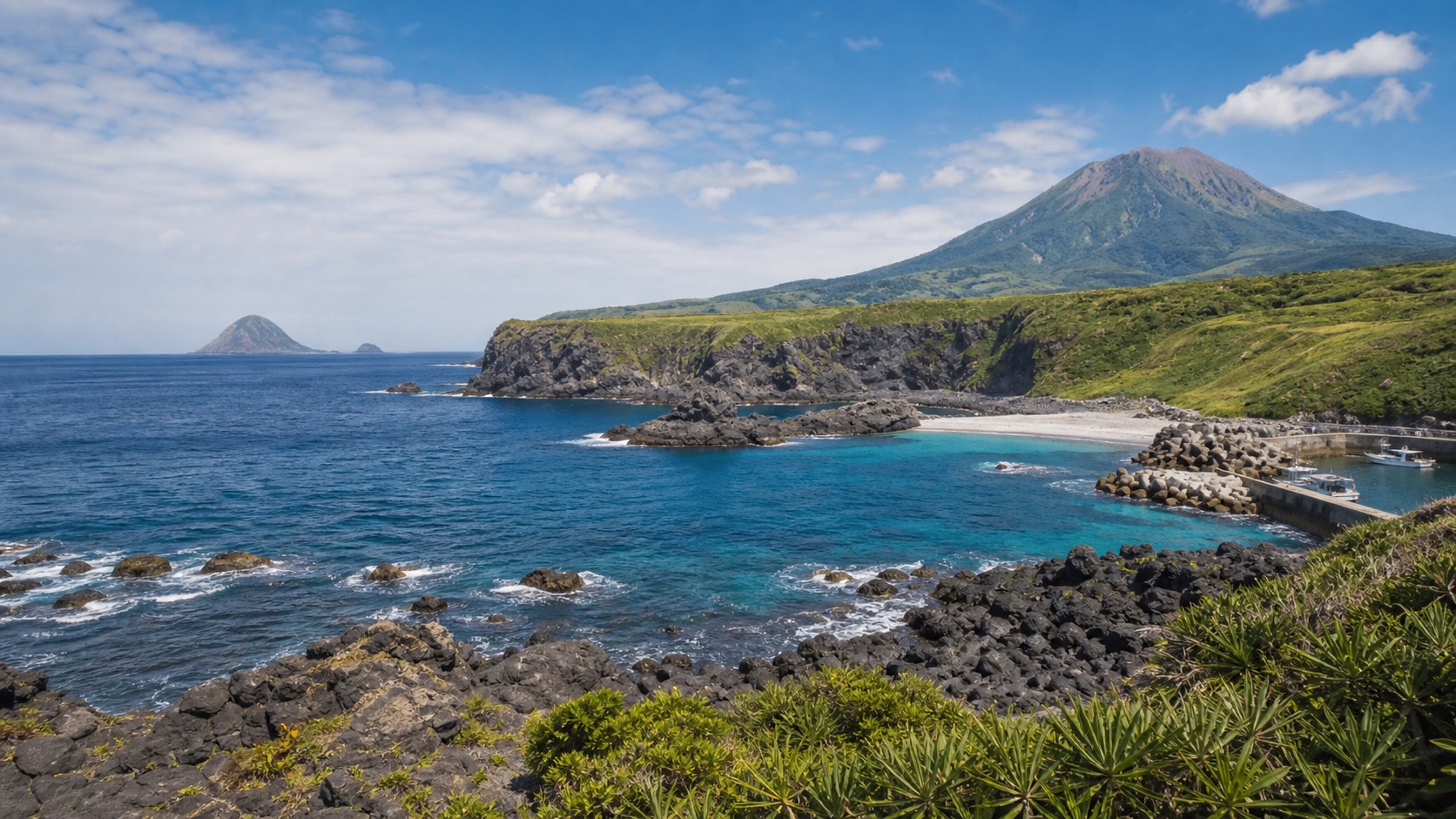 生成AIイメージ画像: 東京から伊豆大島・式根島へ行く2泊3日モデルコース。伊豆諸島の黒い火山地形、港町、白砂の入り江、海辺の温泉を巡る生成AIイメージ画像