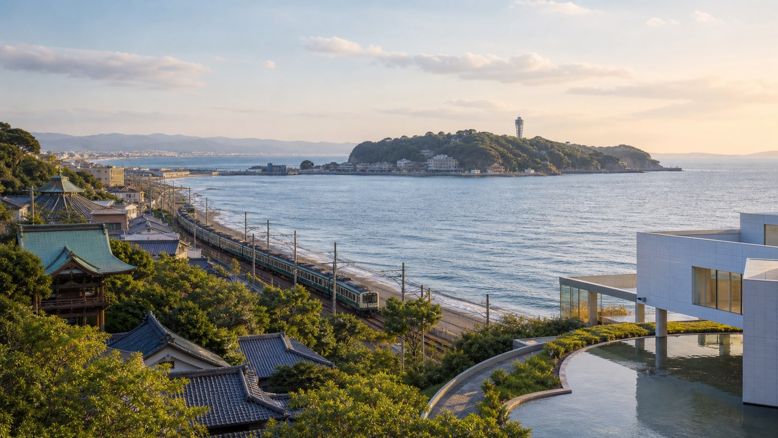 生成AIイメージ画像: 鎌倉・江の島・横須賀を車なしで巡る1泊2日モデルコース。湘南の海辺、寺社の緑、横須賀の白い美術館を、人物なしの公共交通旅として表した生成AIイメージ画像