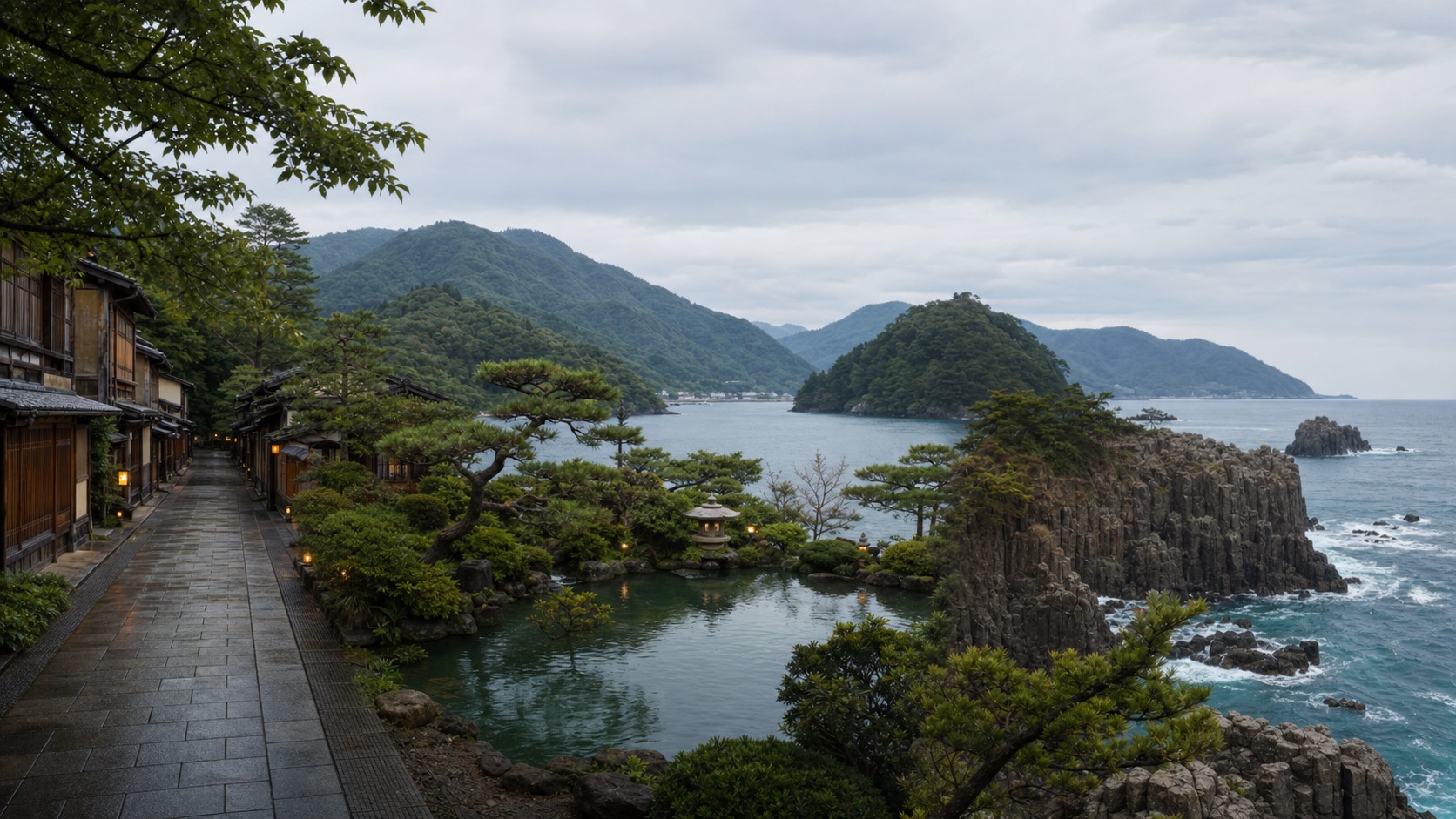 生成AIイメージ画像: 金沢・若狭・東尋坊を巡る2泊3日モデルコース。金沢の町並み、庭園、若狭の湖、北陸の海岸を人物なしで落ち着いた旅の風景として表した生成AIイメージ
