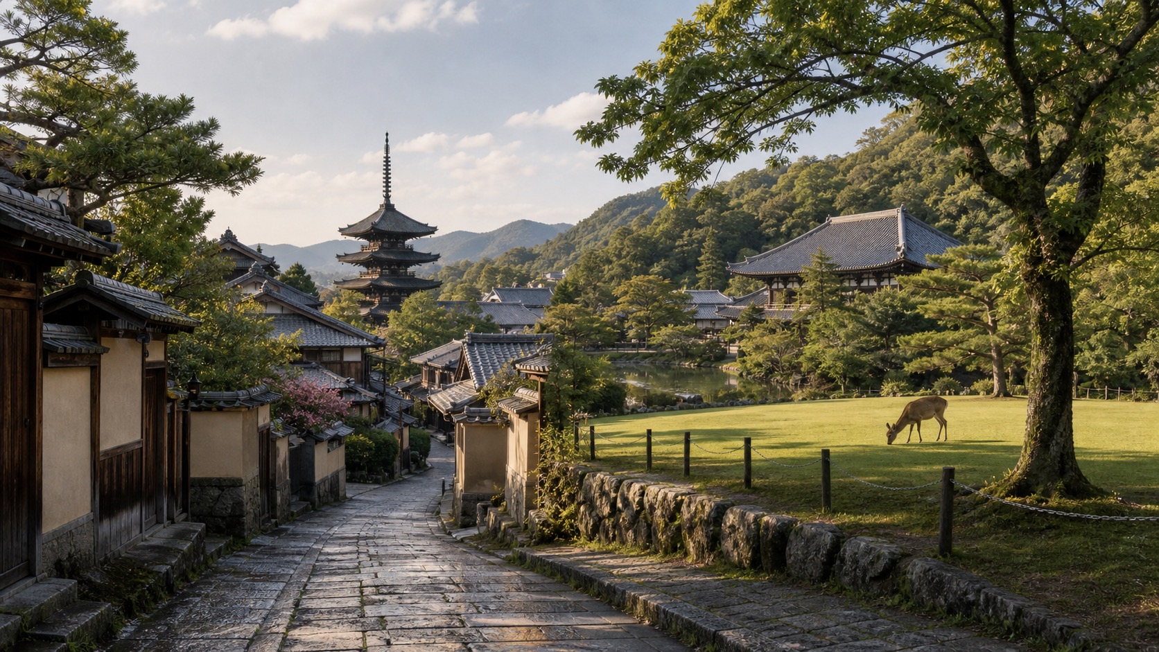 生成AIイメージ画像: 京都・奈良を文化と寺社で巡る1泊2日モデルコース。京都の寺社と奈良の公園を公共交通と徒歩で巡る文化旅の雰囲気