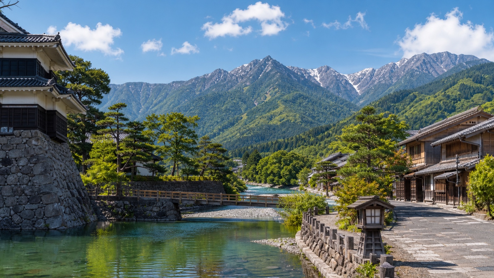 生成AIイメージ画像: 松本・上高地・中山道を巡る2泊3日モデルコース。松本の城下町、上高地の山岳景観、中山道の宿場町を人物なしで表した生成AIイメージ