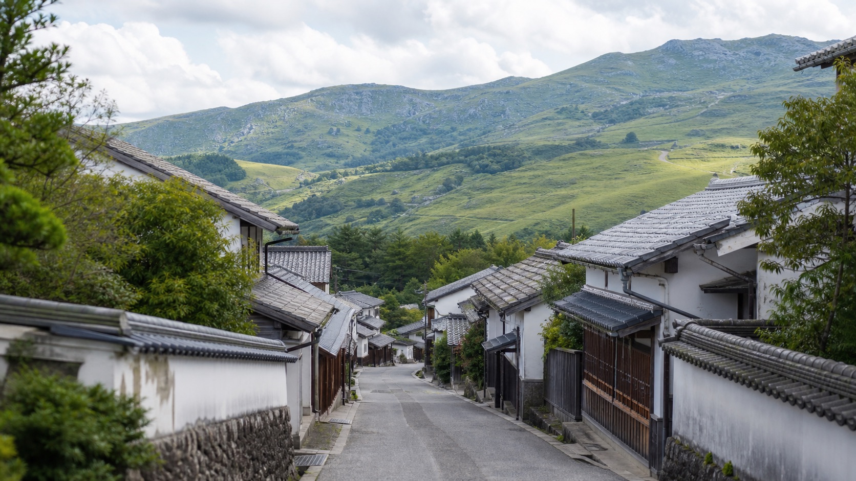 生成AIイメージ画像: 松山発・内子と四国カルストを巡る1泊2日モデルコース。白壁の町並みと高原の風景を表した人物なしのイメージ画像