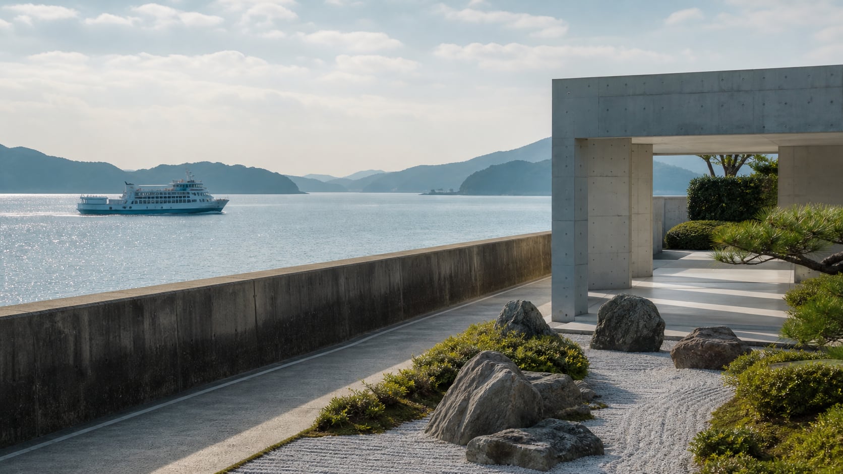 生成AIイメージ画像: 直島・高松をアートと庭園で巡る1泊2日モデルコース。瀬戸内の穏やかな海、港、現代美術館を思わせる建築、整った庭園の空気を人物なしで表した生成AIイメージ