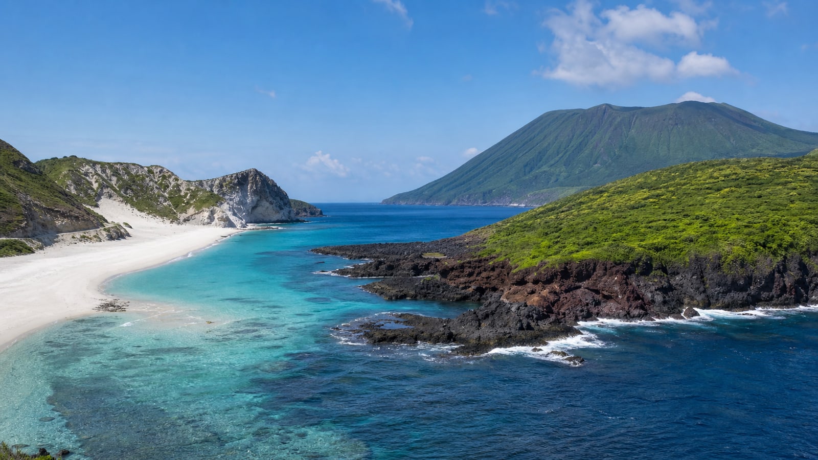 生成AIイメージ画像: 東京から新島・三宅島を比べて選ぶ2泊3日モデルコース。新島の白い海岸と三宅島の火山地形を、人物なしの島旅として表した生成AIイメージ画像