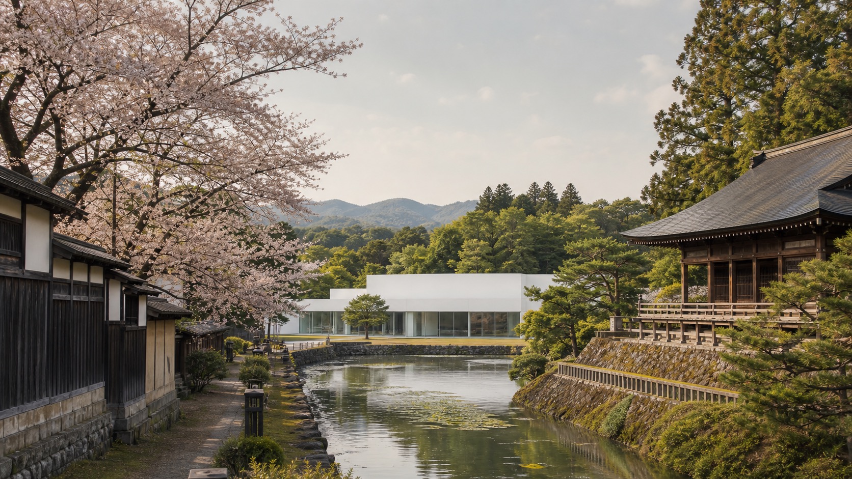 生成AIイメージ画像: 北東北のアートと歴史を巡る1泊2日モデルコース。北東北の城下町、現代アート、寺院文化を巡る落ち着いた旅の雰囲気