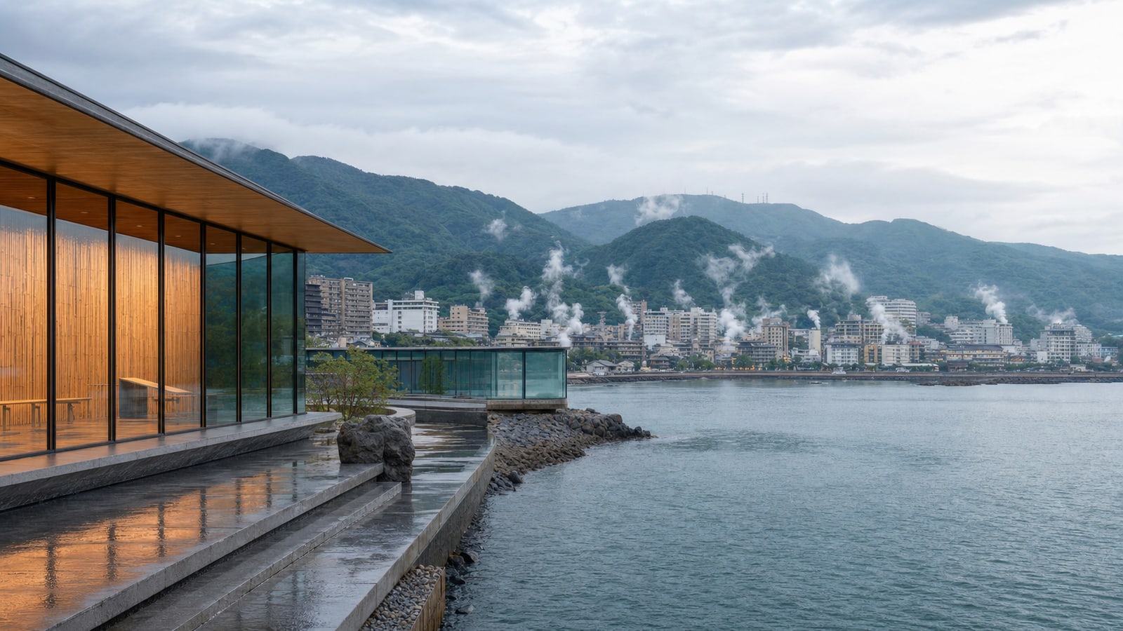 生成AIイメージ画像: 大分・別府をアートと温泉で巡る1泊2日モデルコース。人物なしで、別府湾を望む現代美術館、水族館を思わせる青い水景、湯けむりと温泉街を一続きの風景として表した旅の雰囲気