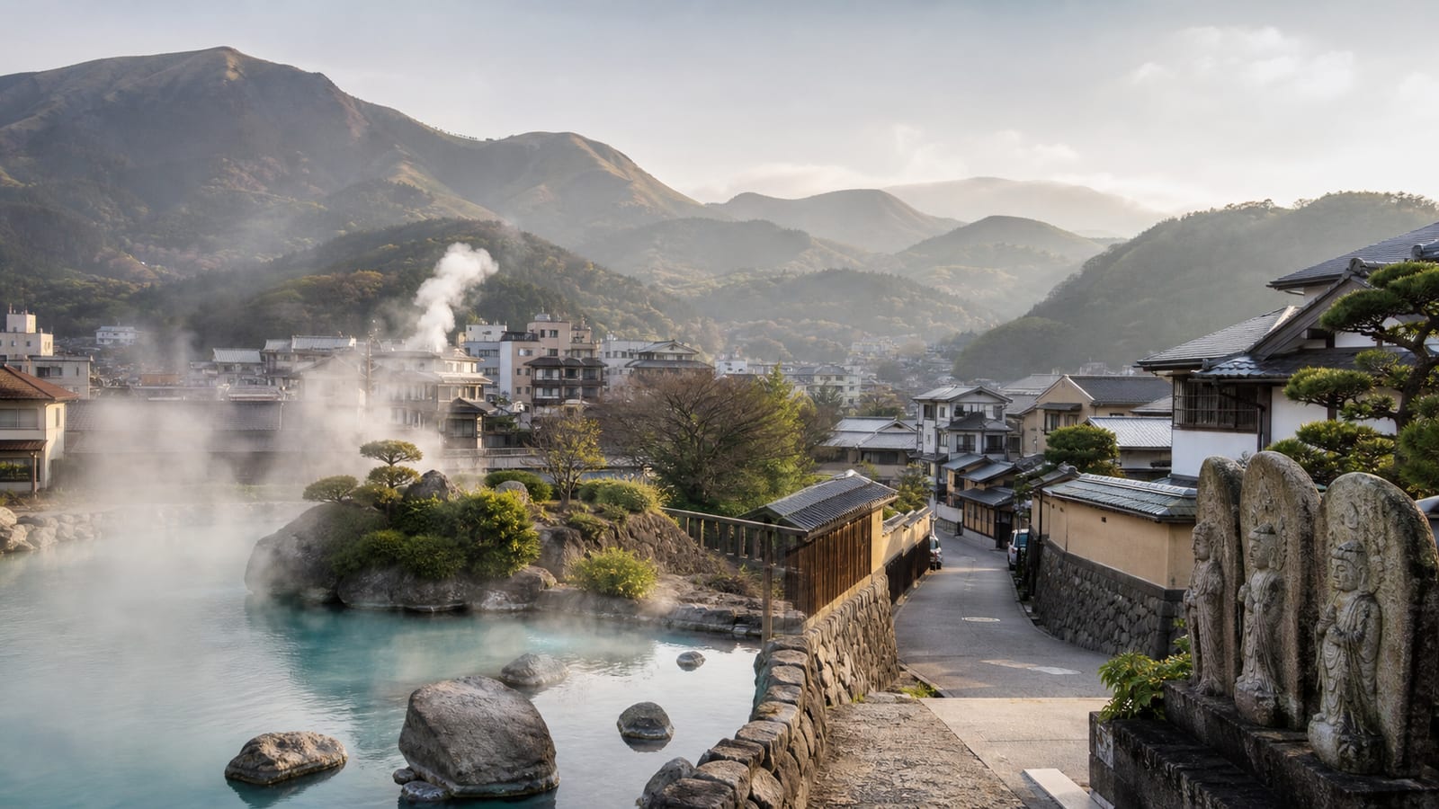 生成AIイメージ画像: 別府・由布院・臼杵を巡る1泊2日モデルコース。湯けむりの温泉地、山並み、石仏や城下町を人物なしで大分旅の雰囲気として表した生成AIイメージ