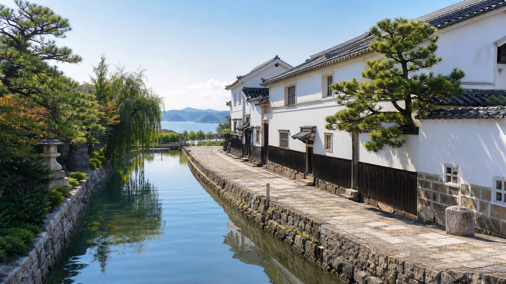 生成AIイメージ画像: 岡山・倉敷・犬島を巡る1泊2日モデルコース。白壁の水辺と瀬戸内の島影を表した人物なしのイメージ画像