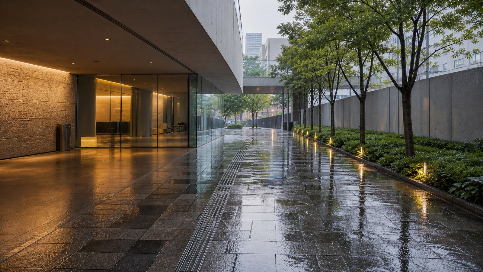 生成AIイメージ画像: 雨の日でも楽しみやすい東京近郊1日モデルコース。雨に濡れた都市の遊歩道と屋内施設の入口を、人物なしの東京近郊日帰り旅として表した生成AIイメージ画像