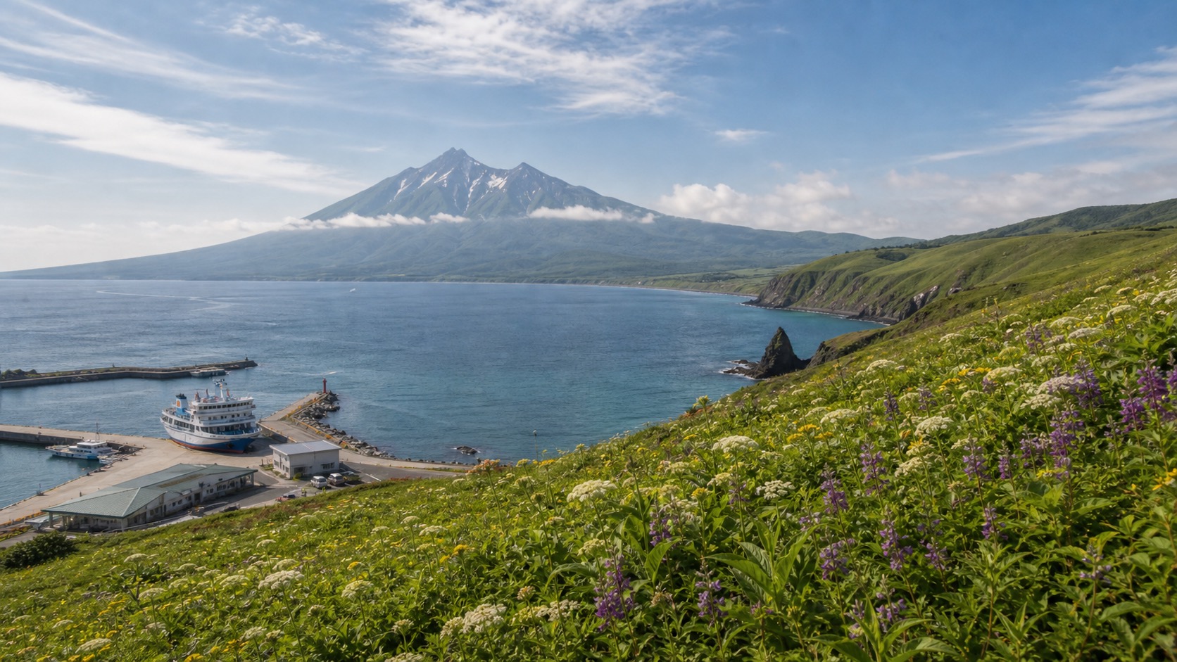 生成AIイメージ画像: 利尻島・礼文島を巡る2泊3日モデルコース。利尻山の稜線と礼文島の花の丘を思わせる北の離島旅の雰囲気