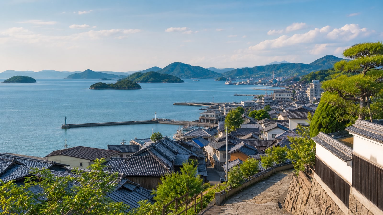 生成AIイメージ画像: 大久野島・尾道・鞆の浦を巡る1泊2日モデルコース。瀬戸内海の島と港町の坂道を、人物なしの車なし旅として表した生成AIイメージ画像