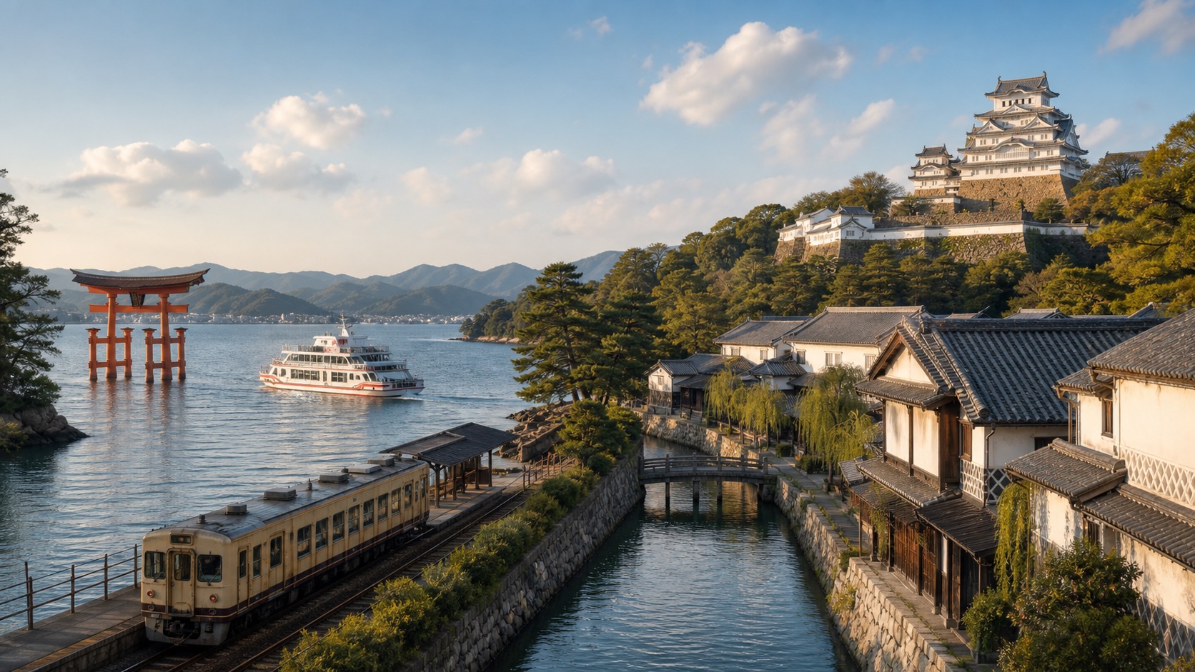 生成AIイメージ画像: 宮島・倉敷・姫路を巡る山陽1泊2日モデルコース。瀬戸内の水辺と歴史ある町並みを鉄道で巡る文化旅の雰囲気