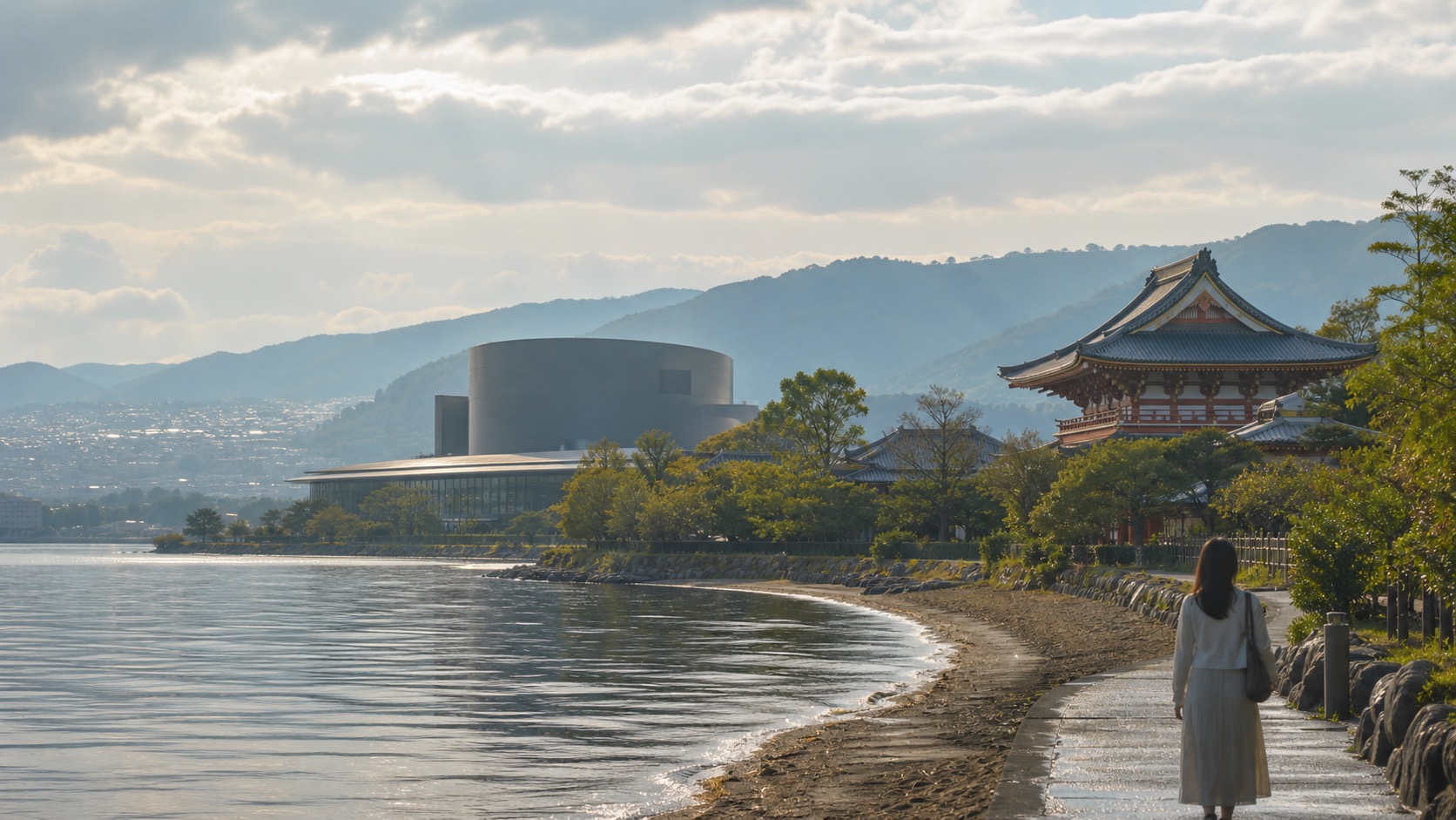 生成AIイメージ画像: 大津・草津で琵琶湖を学ぶ1泊2日モデルコース。琵琶湖畔の博物館、寺社の参道、山上展望を思わせる雨の日にも組みやすい滋賀旅の雰囲気