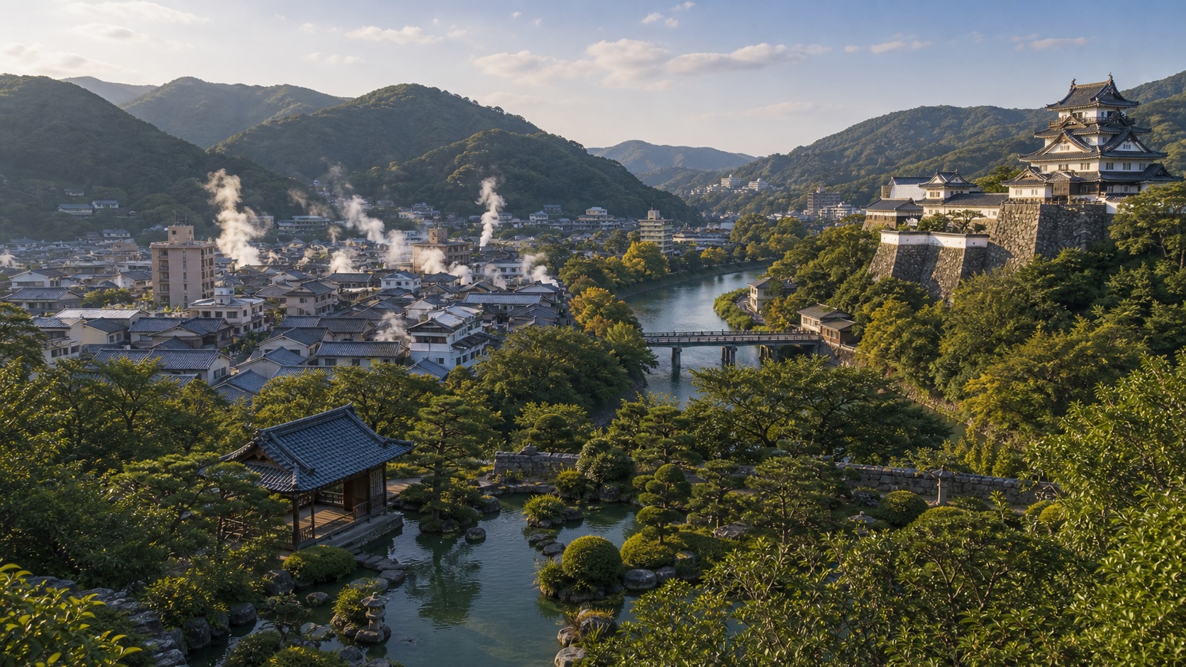 生成AIイメージ画像: 四国の庭園・温泉・城を巡る2泊3日モデルコース。高松の庭園、松山の城下町と温泉街、高知の植物園を巡る生成AIイメージ画像