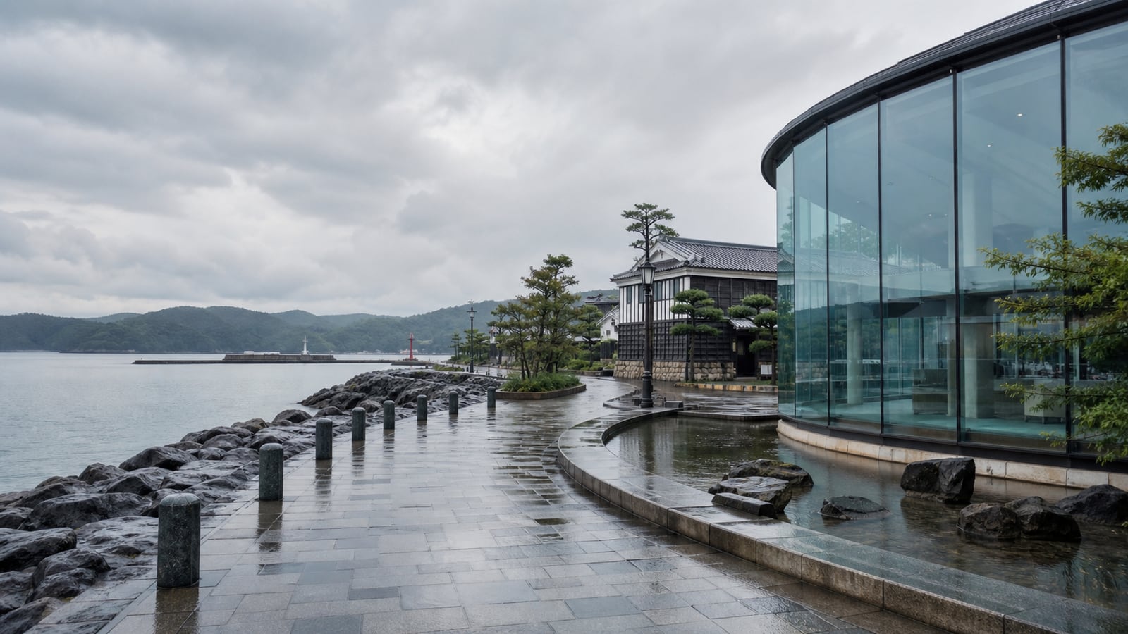 生成AIイメージ画像: 鶴岡・酒田を水族館とアートで巡る1泊2日モデルコース。雨上がりの港町と水族館、博物館を巡る庄内旅の雰囲気