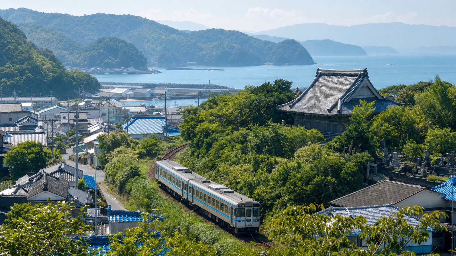 生成AIイメージ画像: 徳島市・日和佐をJRで巡る1泊2日モデルコース。人物なしで、海沿いの町、寺の屋根、緑の山とローカル線を一続きの風景として表した旅の雰囲気
