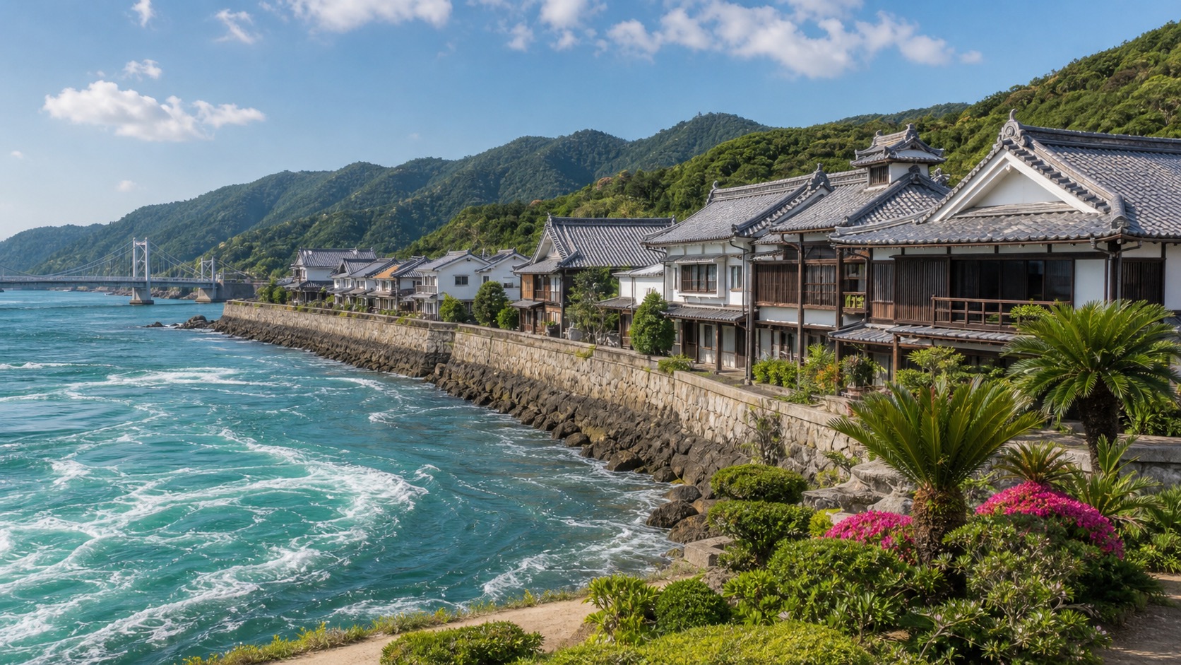 生成AIイメージ画像: 徳島・高知を町並みと文化で巡る2泊3日モデルコース。四国の海、古い町並み、山並み、南国の植物を人物なしで落ち着いた旅の風景として表した生成AIイメージ