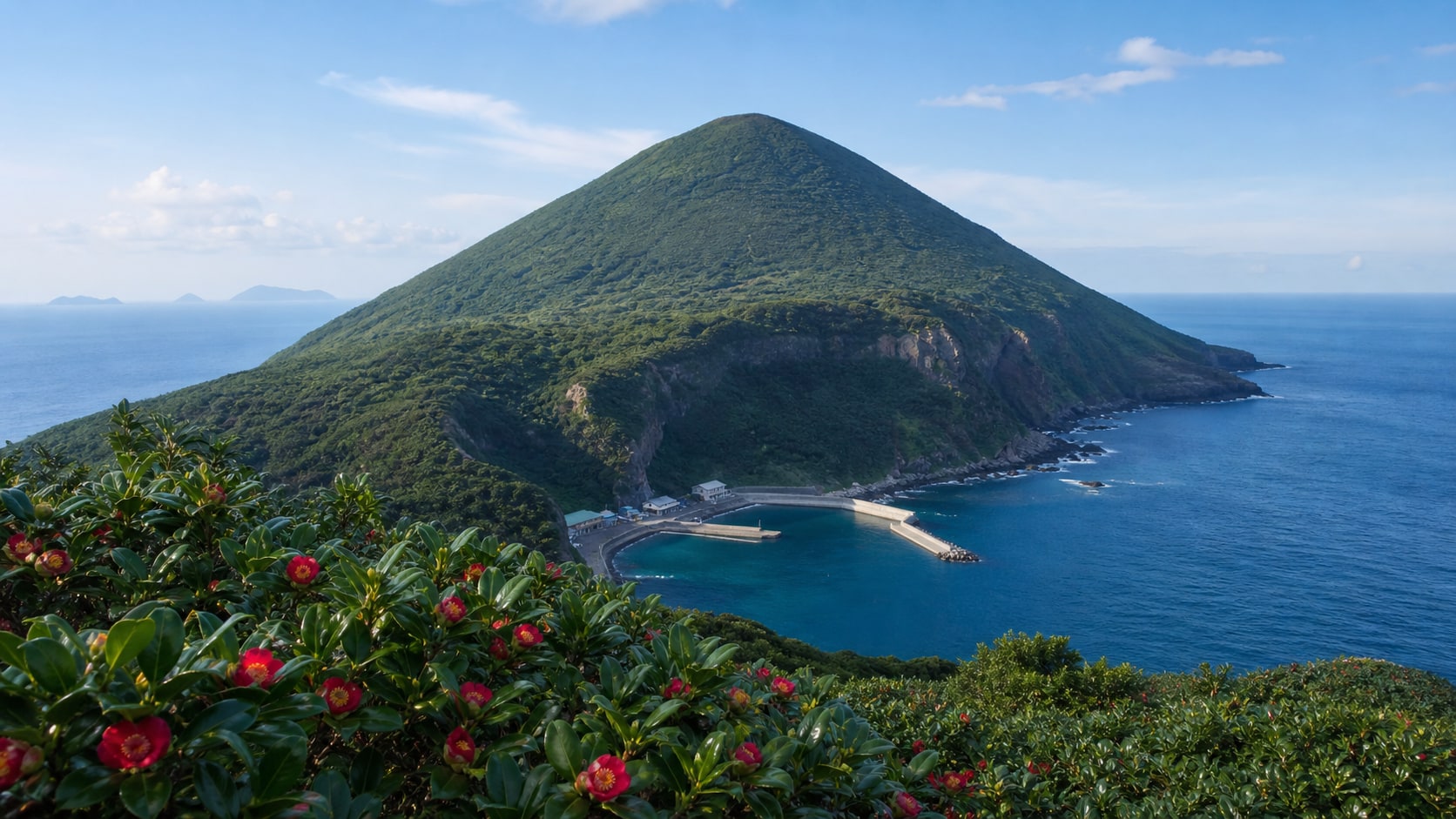 生成AIイメージ画像: 東京発・利島を歩く2泊3日モデルコース。利島を思わせる円すい形の緑の島、静かな港、椿の花と青い海を人物なしで表した生成AIイメージ