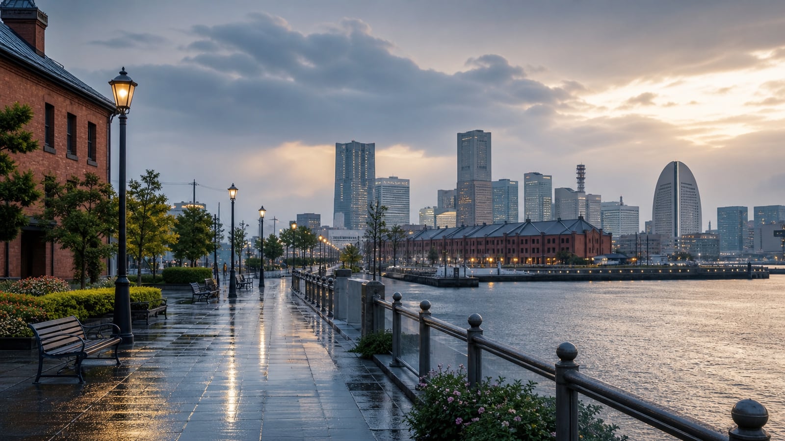 生成AIイメージ画像: 東京・横浜を雨の日でも崩れにくく巡る1泊2日モデルコース。雨上がりの都市の水辺、港の赤れんがを思わせる建物、傘のない静かな歩道を表した週末旅の雰囲気