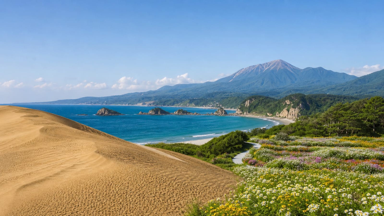 生成AIイメージ画像: 鳥取砂丘・浦富海岸・大山を巡る1泊2日モデルコース。砂丘、青い海岸線、山並み、花の公園を人物なしで鳥取の自然旅の雰囲気として表した生成AIイメージ