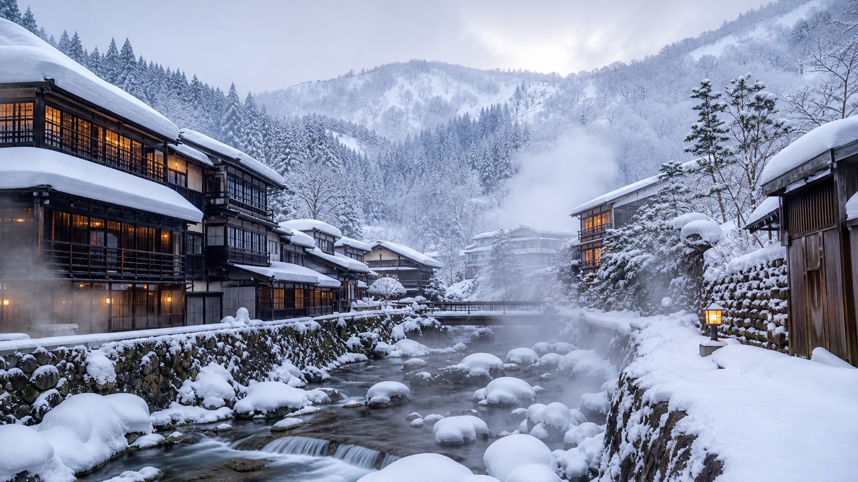 生成AIイメージ画像: 山形・秋田の雪景色と温泉を巡る2泊3日モデルコース。雪の温泉街、木造の宿、山あいの湯けむりを人物なしで冬の旅の雰囲気として表した生成AIイメージ
