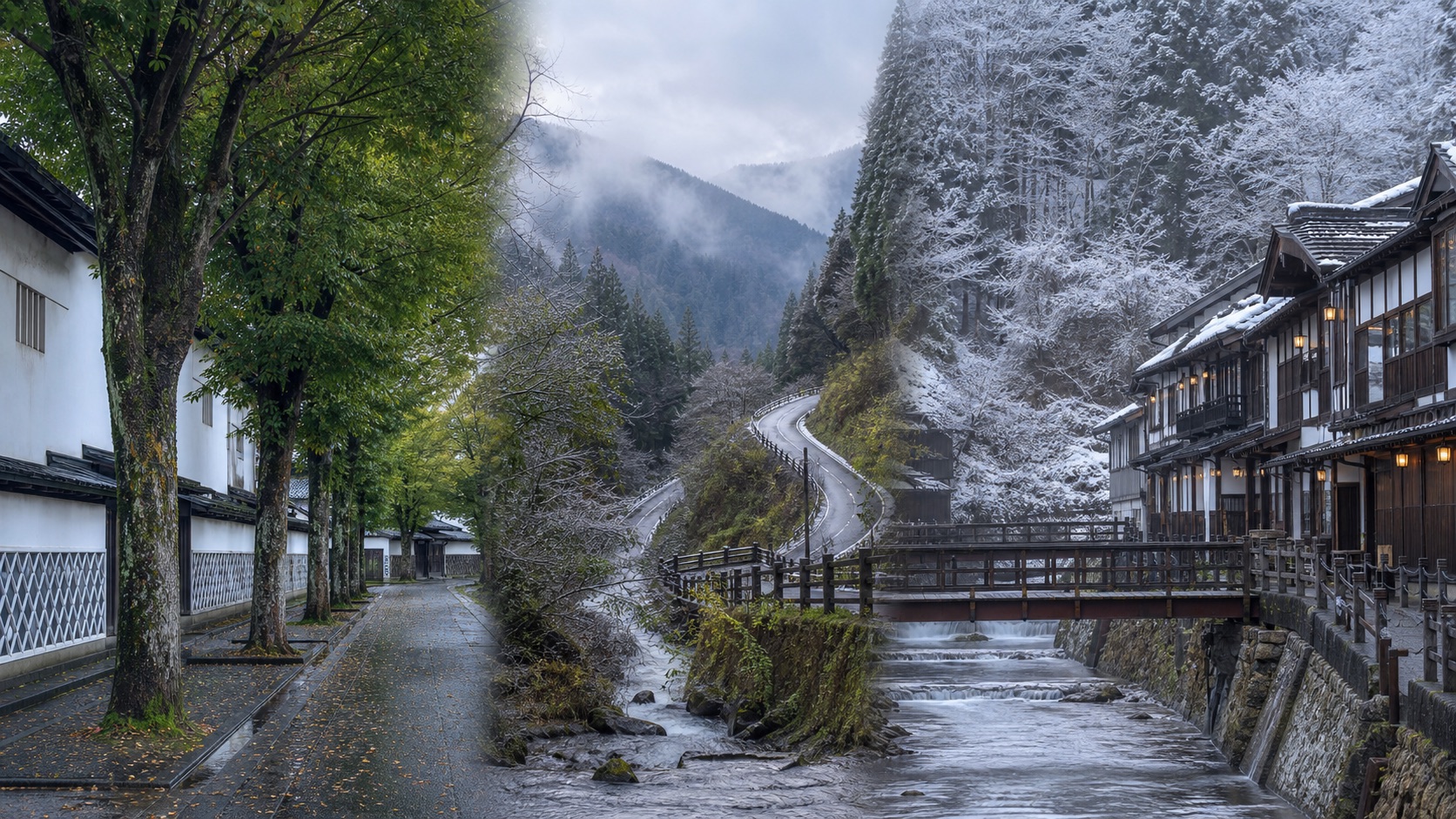 生成AIイメージ画像: 庄内・山形・銀山温泉を巡る1泊2日モデルコース。雪の山あいの温泉街、白壁の蔵、ケヤキ並木を人物なしで山形旅の雰囲気として表した生成AIイメージ