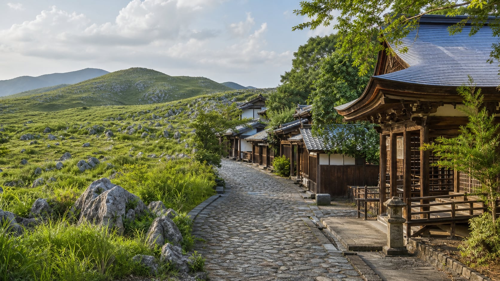 生成AIイメージ画像: 山口市・秋吉台・萩を巡る1泊2日モデルコース。カルスト台地、鍾乳洞へ向かう緑の道、歴史ある寺社と城下町の空気を人物なしで表した生成AIイメージ
