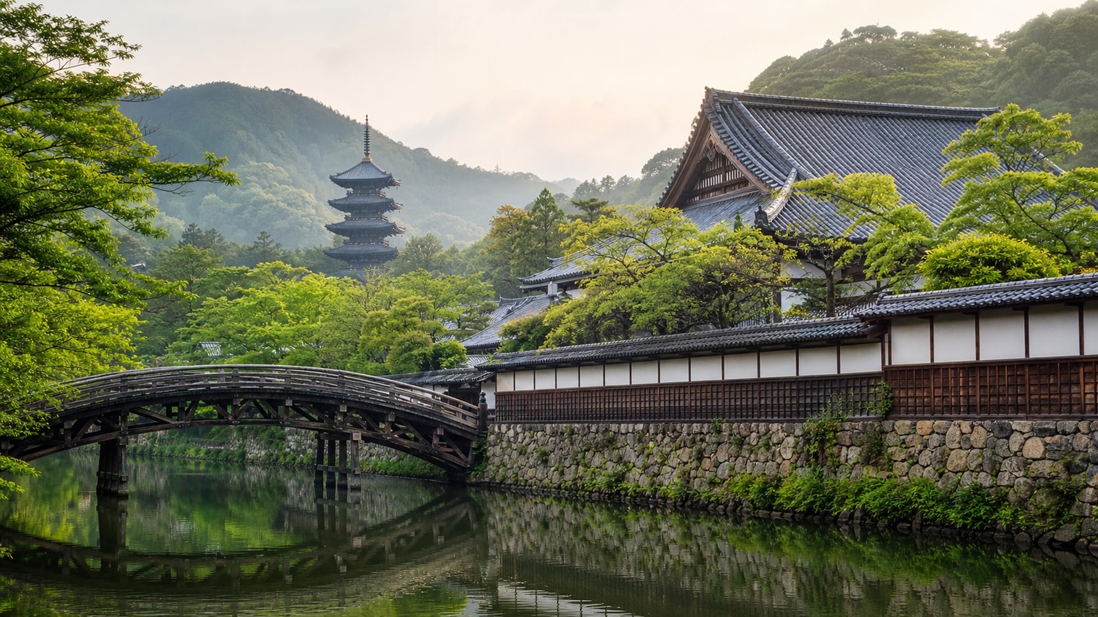 生成AIイメージ画像: 山口市・防府・岩国を車なしで巡る1泊2日モデルコース。人物なしで、寺院の屋根、五重塔を思わせる遠景、川に架かる木造橋を一続きの風景として表した旅の雰囲気
