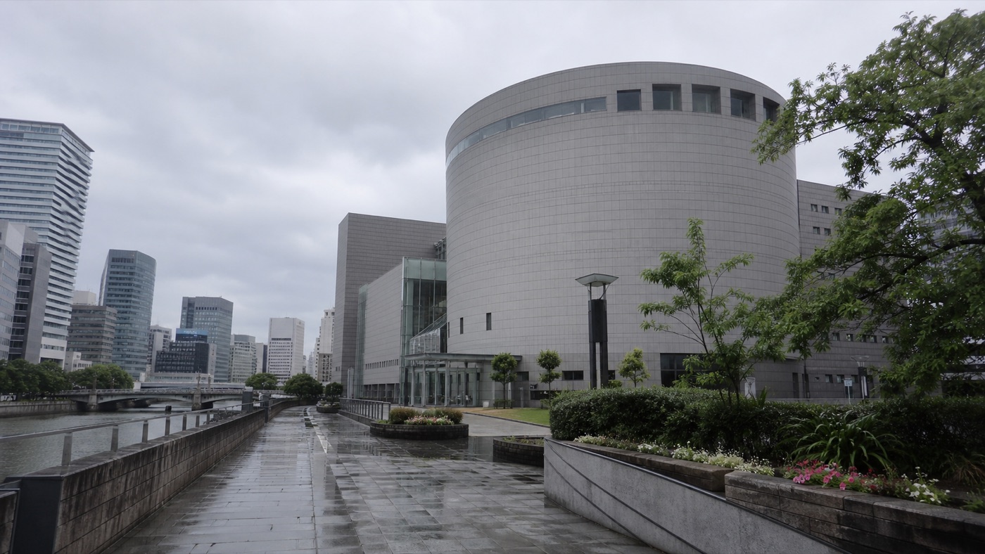 大阪市立科学館の雰囲気を伝える生成AIイメージ画像。中之島の科学館と雨の日の街歩きを思わせる写真調のイメージです。実際の景観・施設外観を正確に示すものではありません。