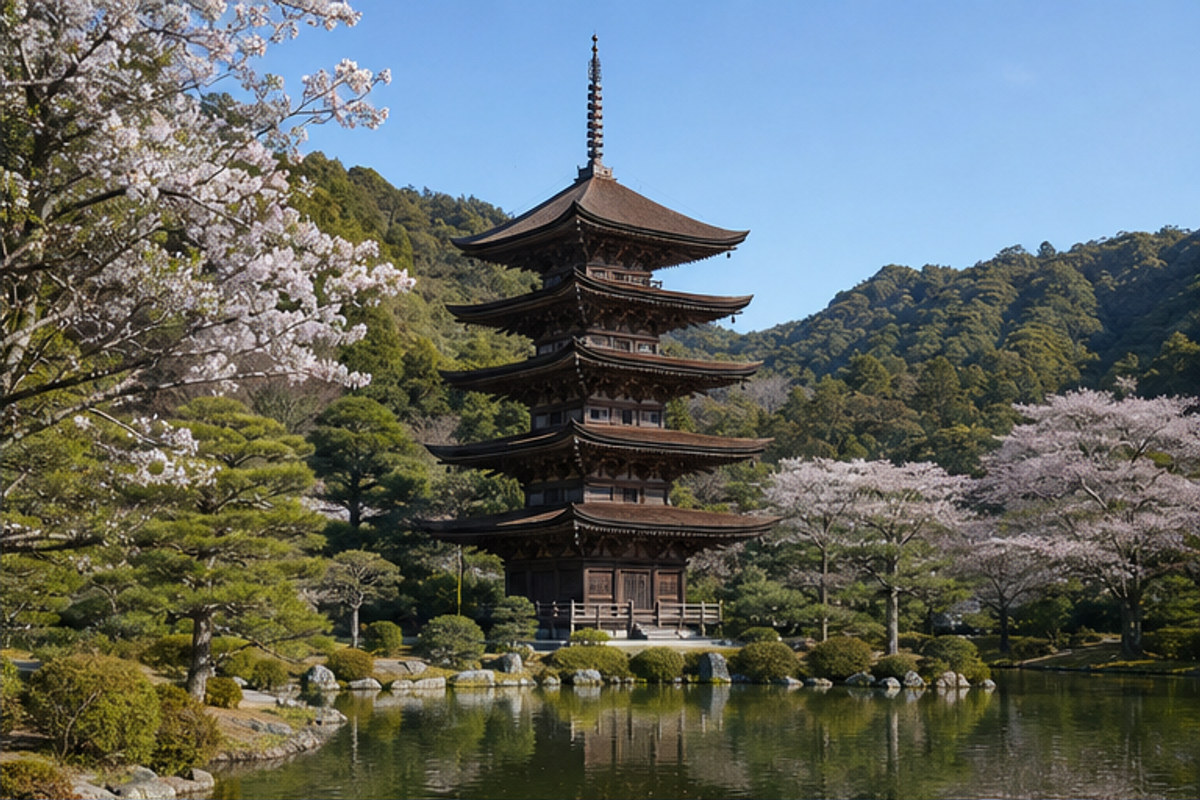 国宝 瑠璃光寺五重塔の雰囲気を伝える生成AIイメージ画像。実際の景観・施設外観ではありません。