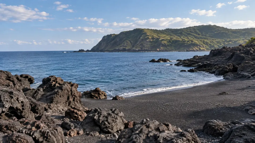 生成AIイメージ画像: 伊豆大島の海辺で過ごす短い秋旅。黒い砂と溶岩、青い海と緑の岬を表現した連続した風景。野田浜の正確な地形・設備を示す記録写真ではありません