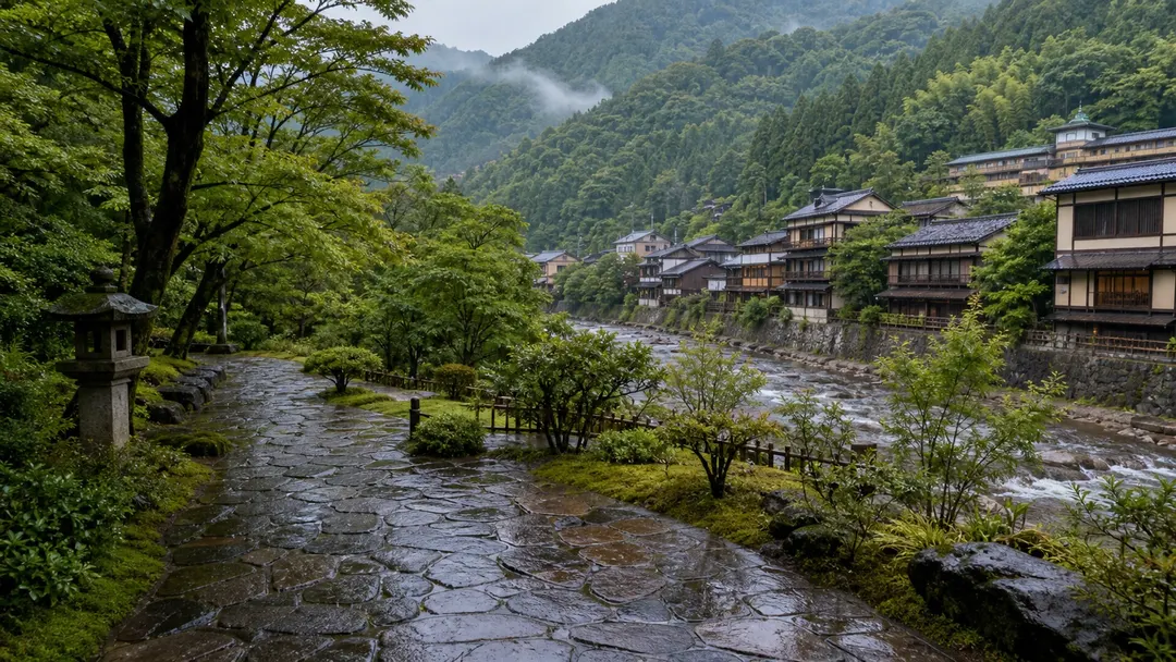生成AIイメージ画像: 金沢と加賀温泉を巡る1泊2日モデルコース。庭園文化と渓谷沿いの温泉街を組み合わせた石川県の旅の雰囲気