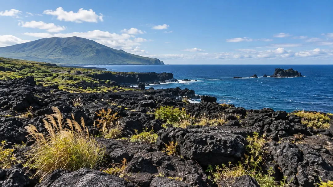 生成AIイメージ画像: 調布発・三宅島1泊2日の火山景観を巡る旅。秋の草が芽生える黒い溶岩海岸と青い海を表現した、人物のいない連続した風景。特定の見学地点の記録写真ではありません