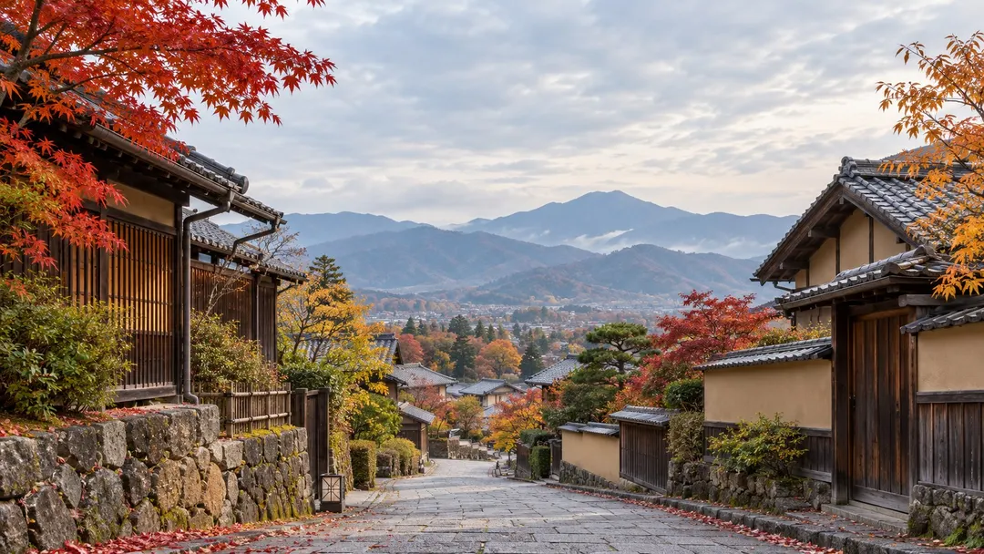 生成AIイメージ画像: 長野・小布施の車なし美術館旅。秋の木造家屋と山並みを組み合わせた想像上の街。実際の長野・小布施の地形、坂道、施設、徒歩経路を示す記録写真ではありません。