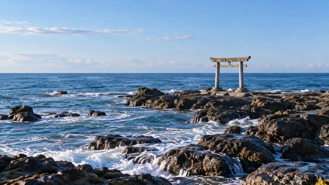 生成AIイメージ画像: 秋の大洗をイメージした海辺の旅。青い海と岩礁、石の鳥居を表現した生成AIイメージ画像。実際の景観や立ち入り可能な場所を示す記録写真ではありません